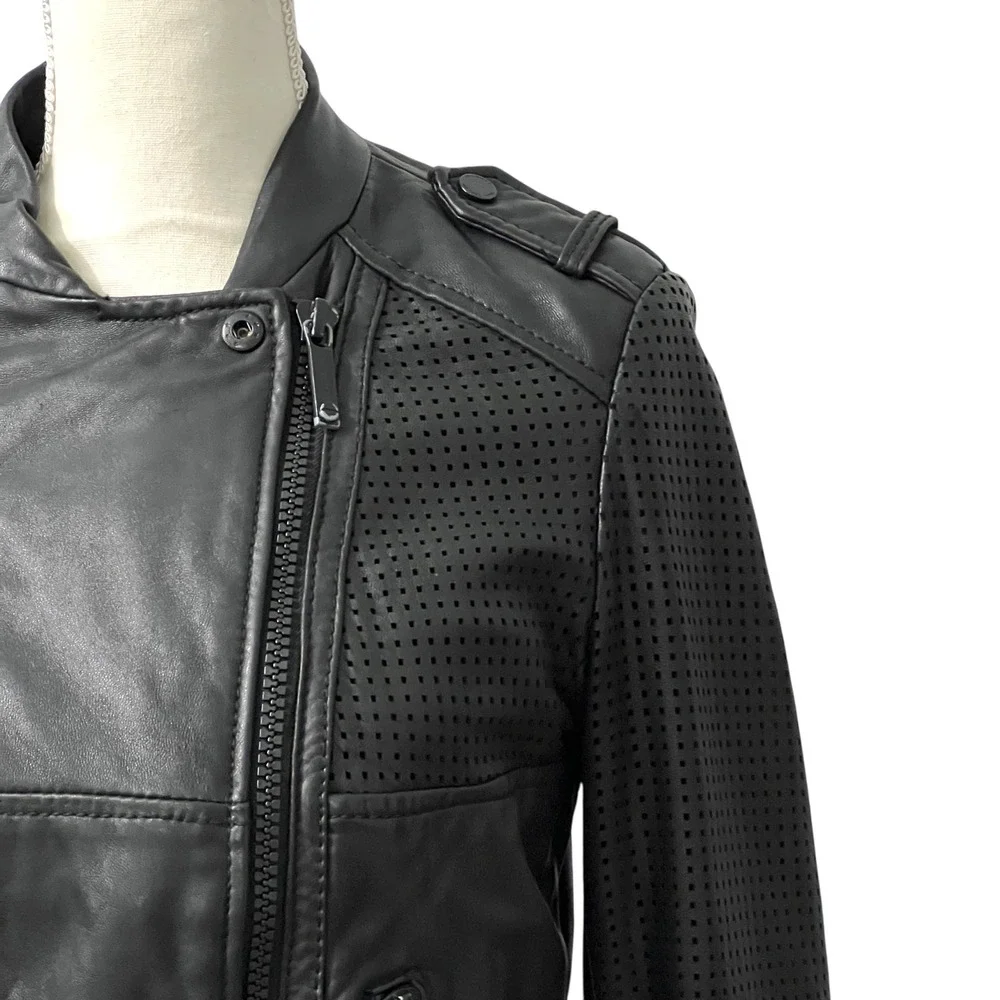 Michael Kors Black Leather Perforated‎ Moto Biker Jacket Small Zip Up Epaulettes